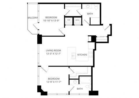 Floor plan for 2 beds, 2 baths, 1030 sqft